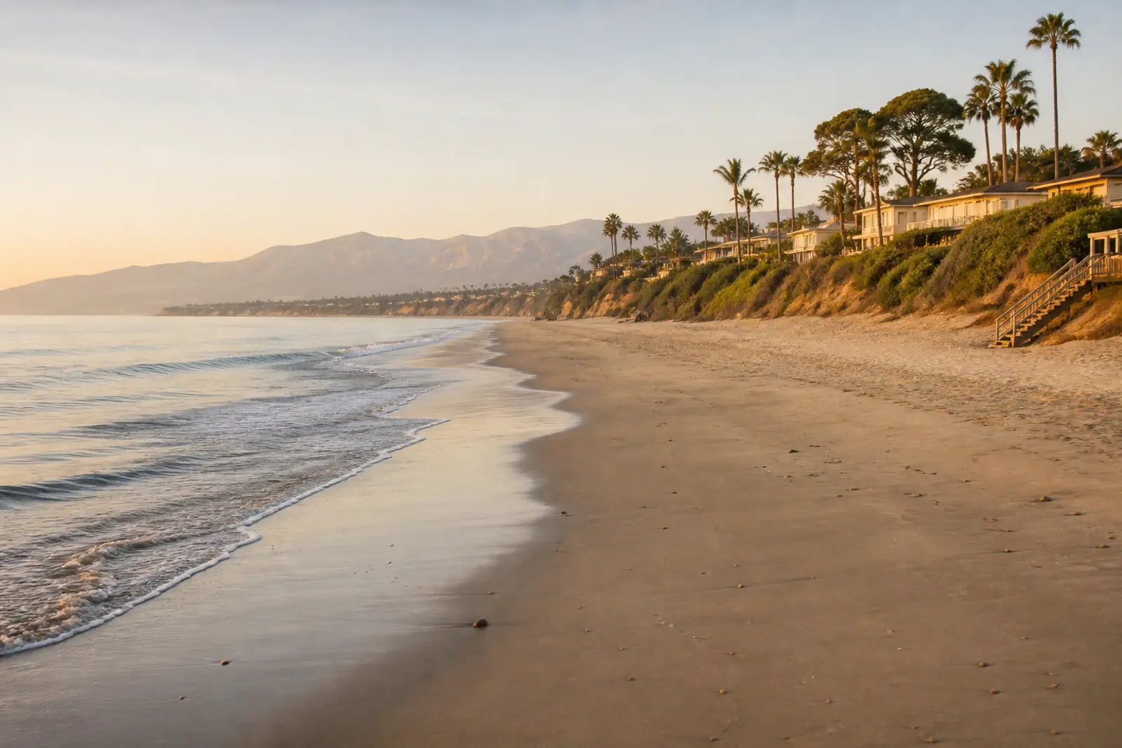 Carpinteria’s calm, gently sloping beach at golden hour