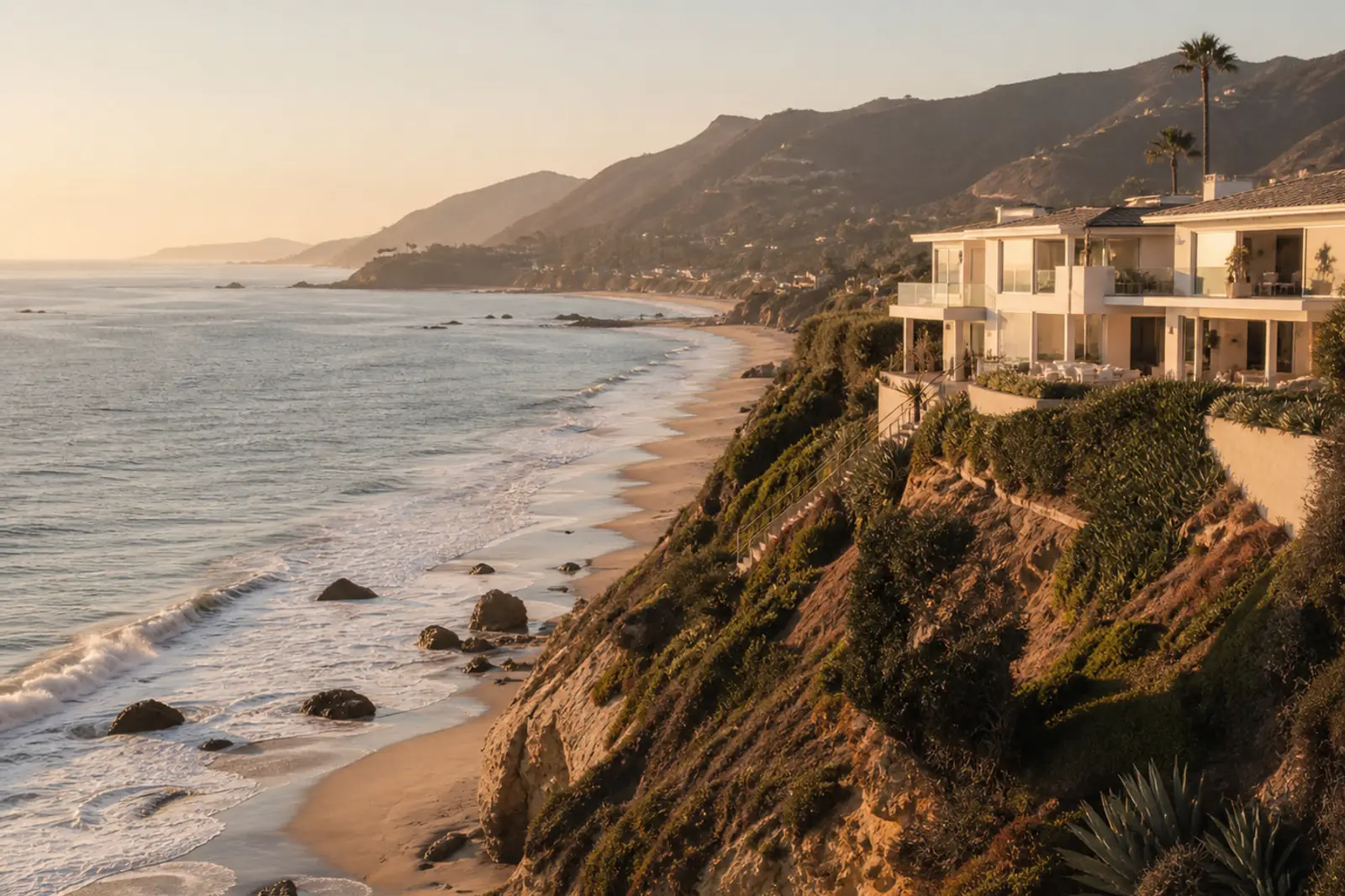 Malibu bluffs and an oceanfront home above a crescent beach at golden hour