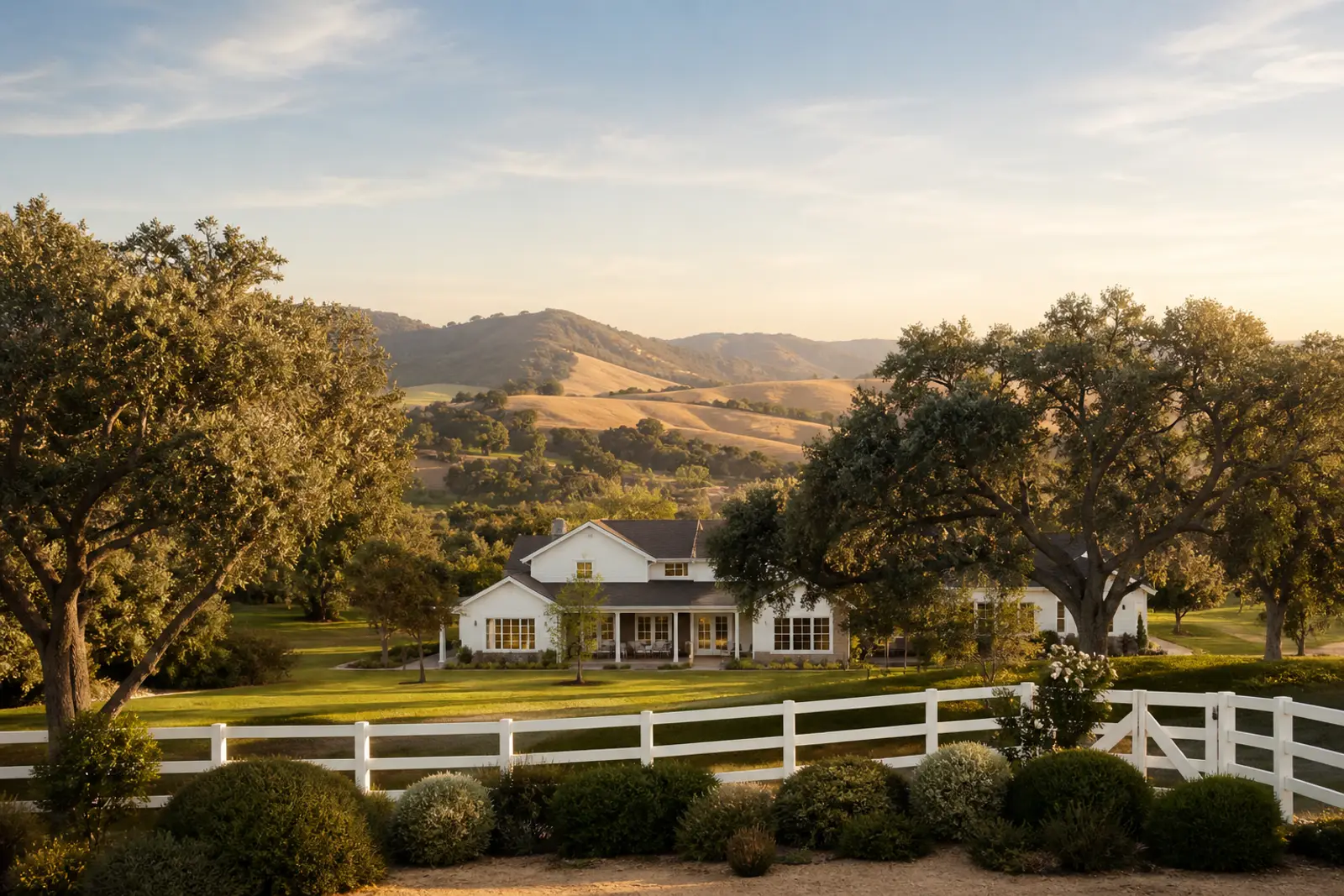 A ranch property with white fencing and oaks on golden hills in Moorpark