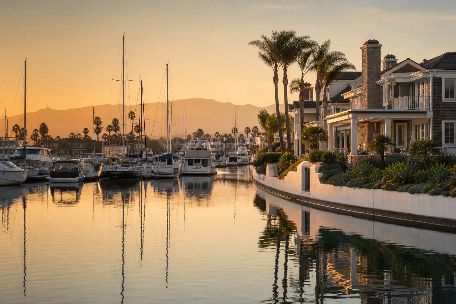 Sailboats at rest in Channel Islands Harbor, Oxnard, in warm evening light