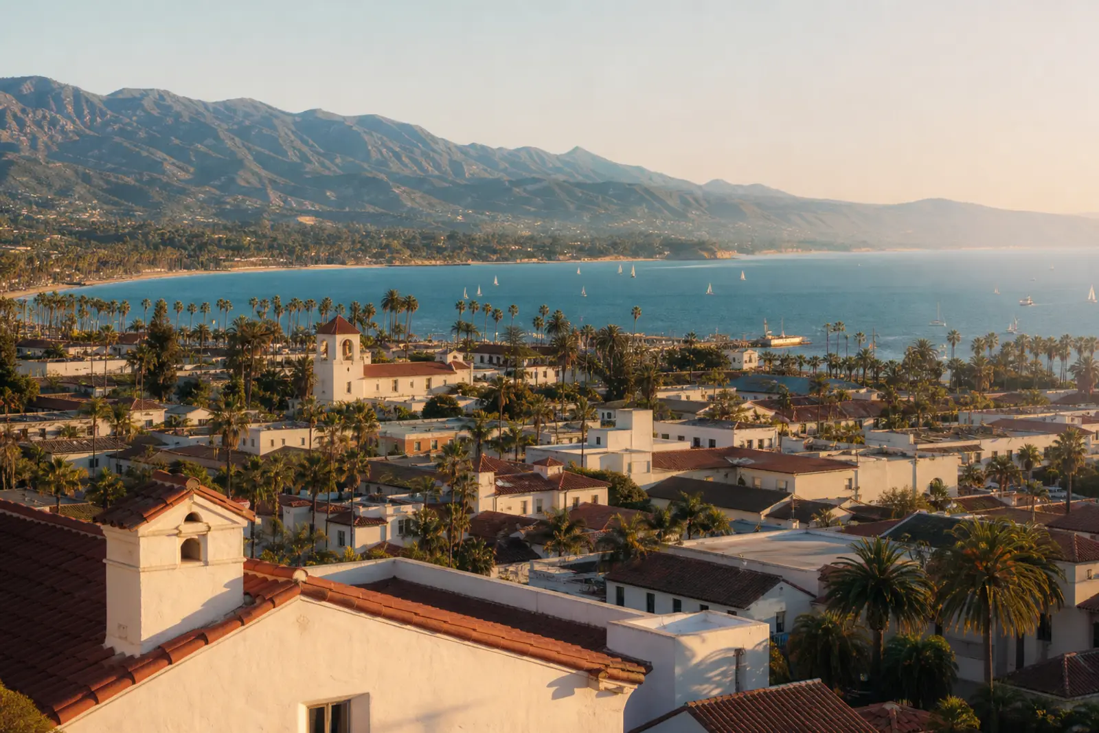 Red-tile rooftops of Santa Barbara descending toward the harbor with mountains behind