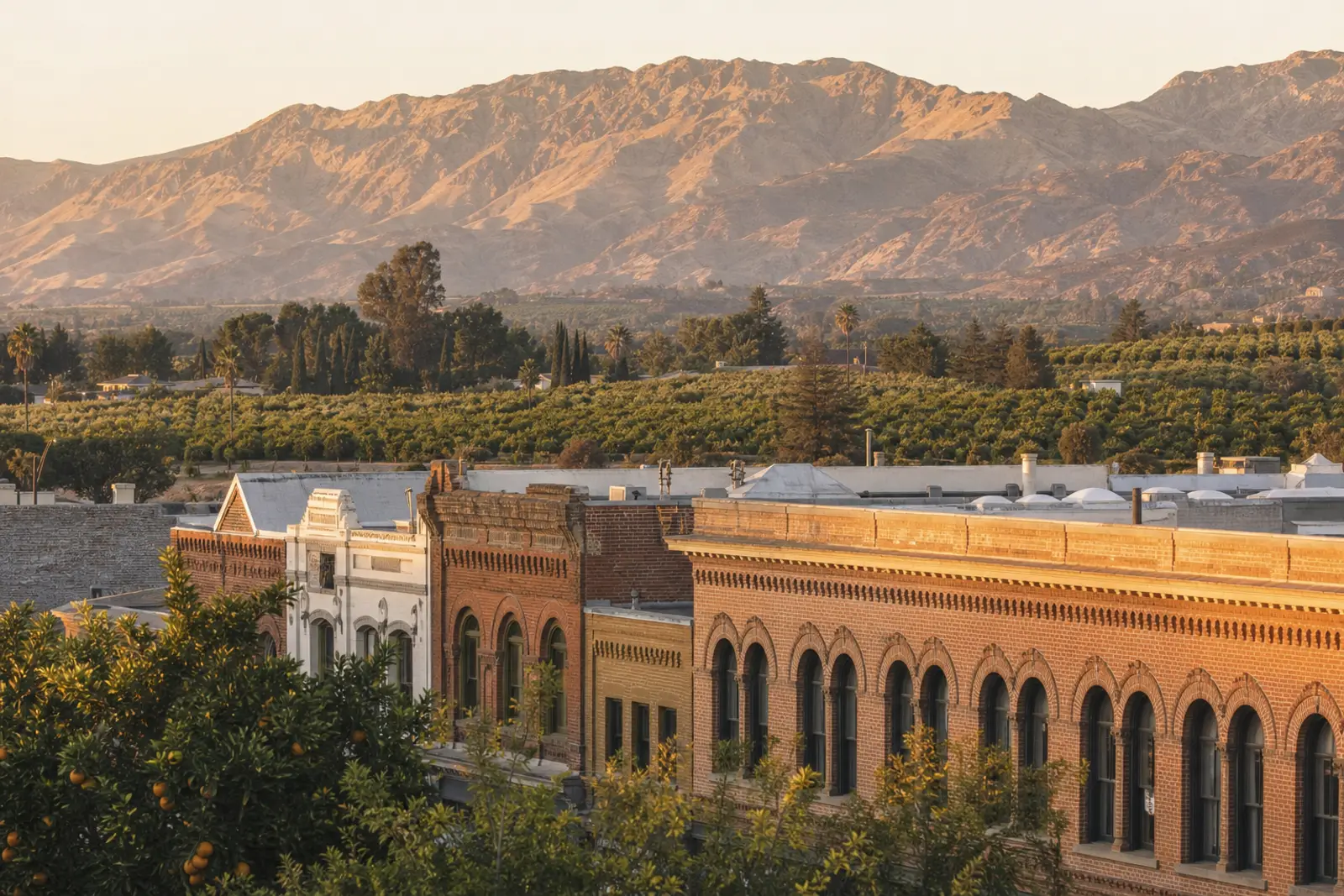 Santa Paula’s historic main street at golden hour with orchards and mountains behind