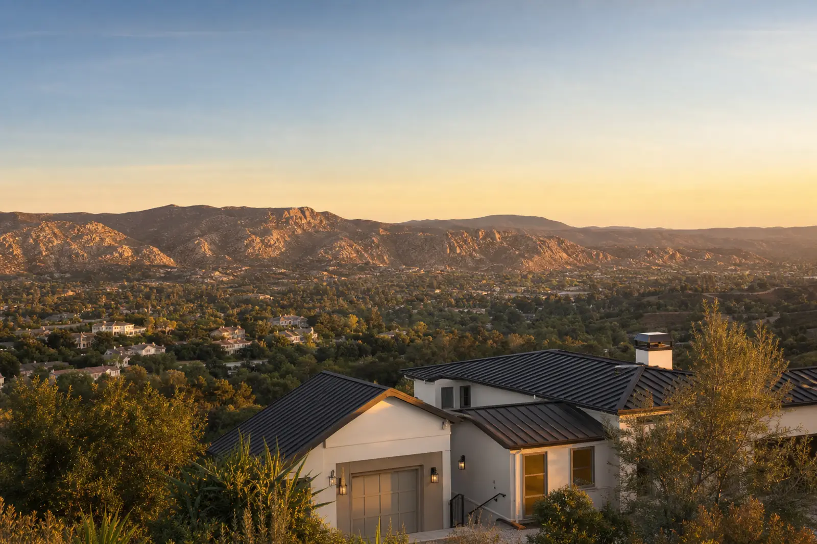 Golden rock-studded hills above Simi Valley neighborhoods at sunset