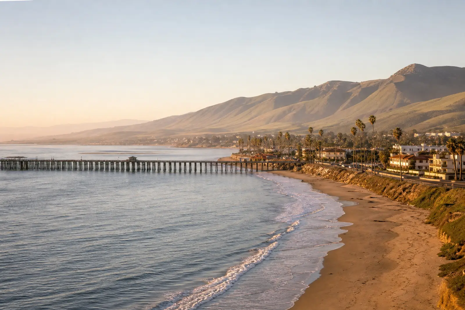 Ventura pier reaching into the Pacific at golden hour with the town rising behind