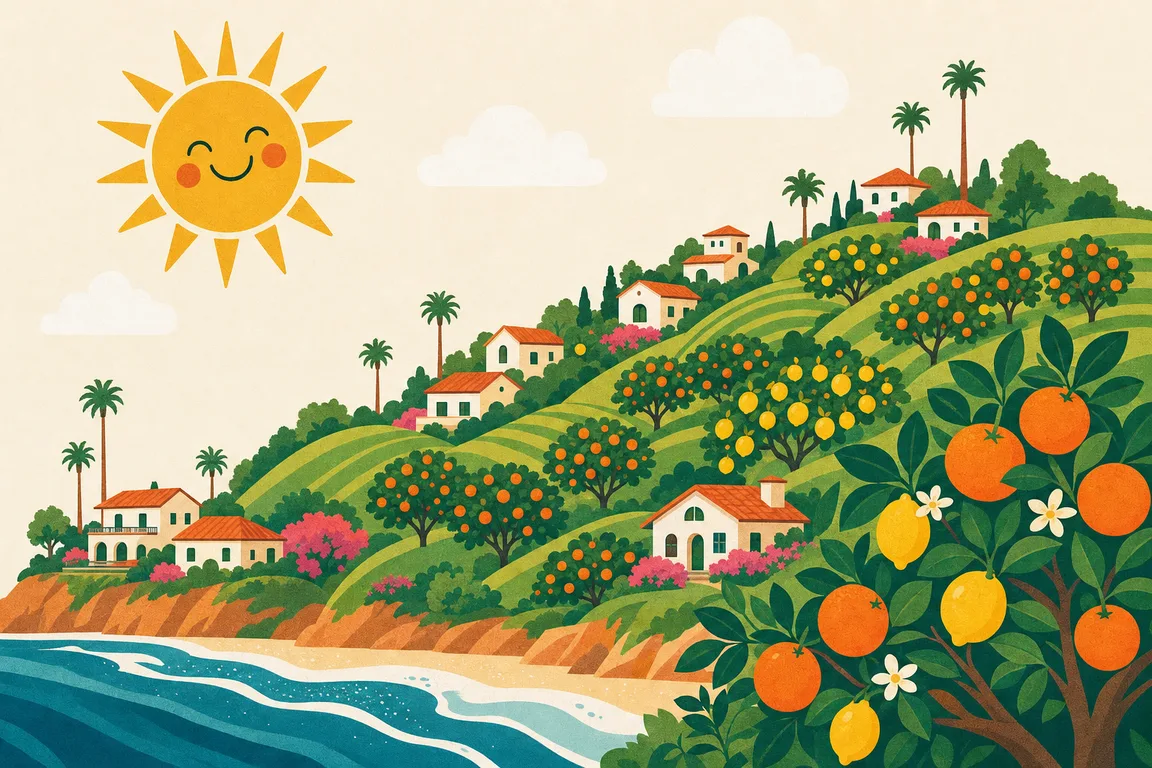 Illustration of citrus grove hills with little houses rolling down to the ocean