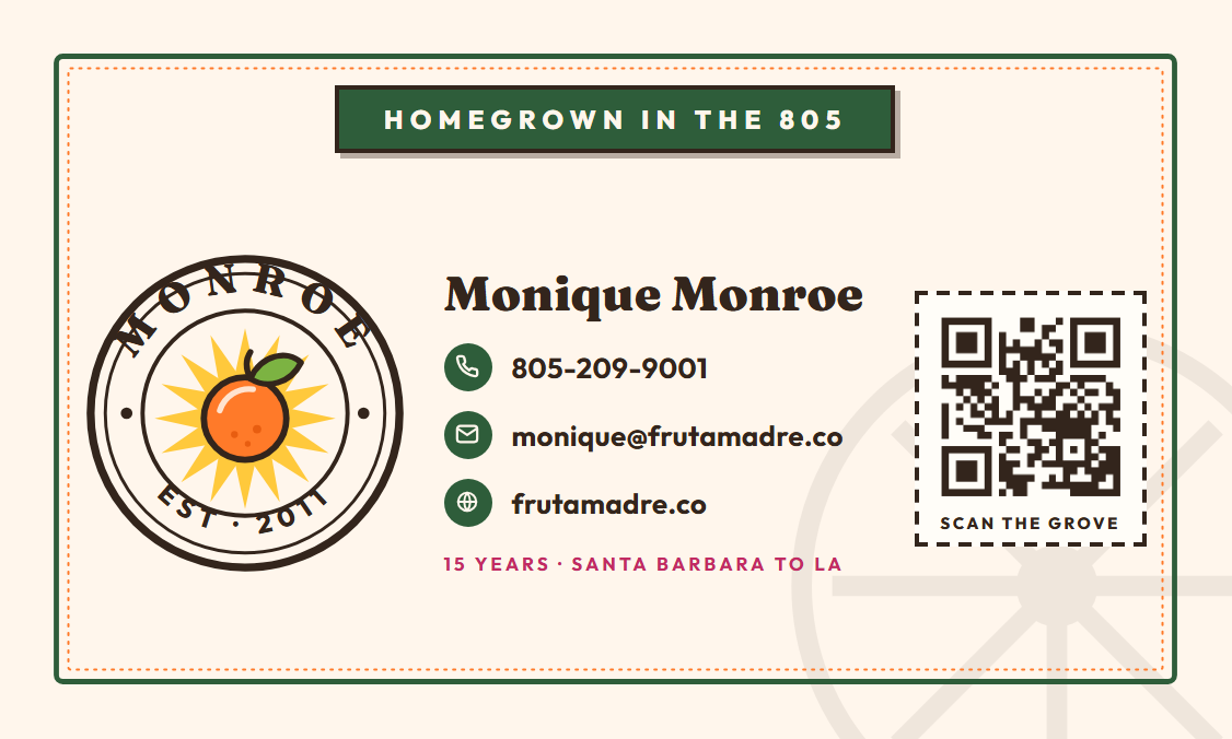 Business card back — contact details, grove seal, and QR code