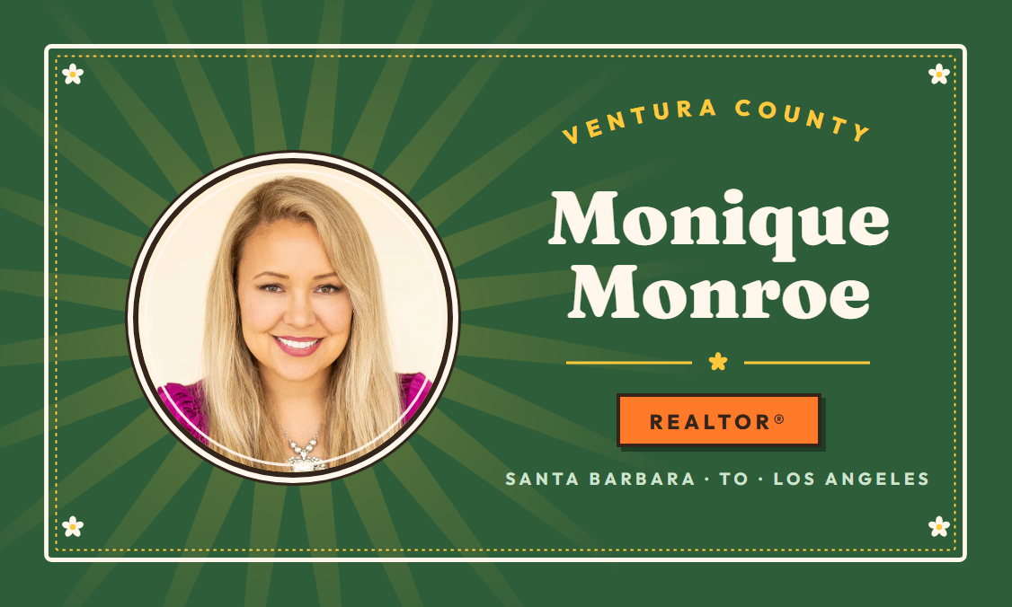 Business card front — vintage crate-label design with Monique's portrait